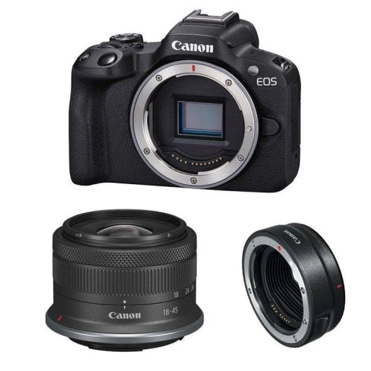 Câmara Mirrorless Canon EOS R50 24.2MP RF-S 18-45mm IS STM WiFi Bluetooth + Adaptador EF-EOS R