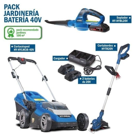 Pack jardinería Hyundai HYLM38-40V cortacésped, soplador, cortabordes, 2 baterías 20V