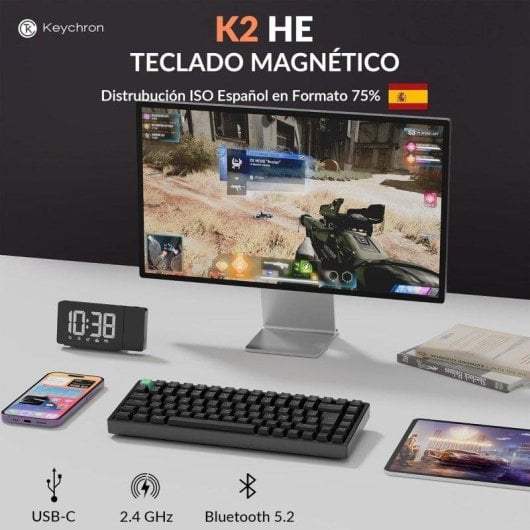 Teclado Keychron K2 HE magnético 75% RGB alumínio switches Nebula layout Spanish