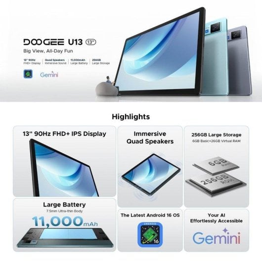 Tablet Doogee U13 Vip 13" 256GB 11000mAh Android 16 Gris