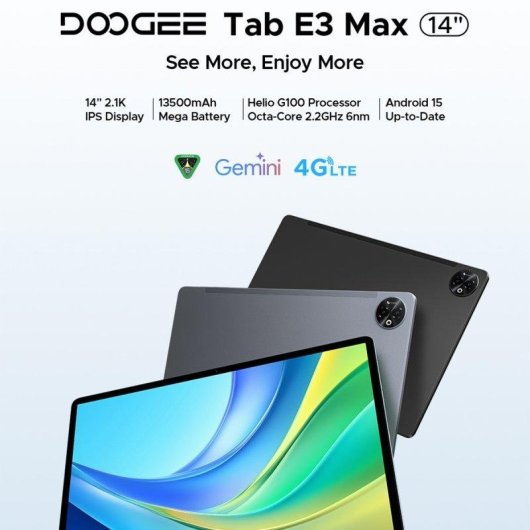 Tablet Doogee Tab E3 Max Vip 14" 256GB 4G LTE 13500mAh Android 15 Preto