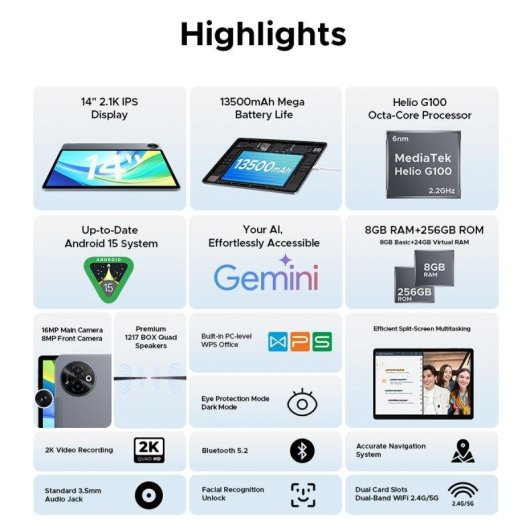 Tablet Doogee Tab E3 Max Vip 14" 256GB 4G LTE 13500mAh Android 15 Cinzenta