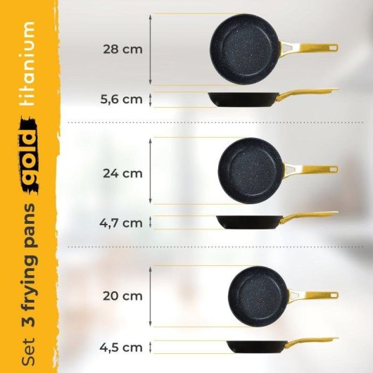 Frigideira Briebe Gold Titanium 3 Peças Indução Antiadherente 20-24-28cm