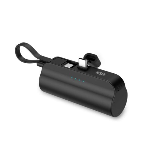 Ksix 5.000 Mah Power Bank De Bolsillo, Cable Y Soporte Integrado, Cable Usb-c A Usb-c, Indicadores Led, Negro