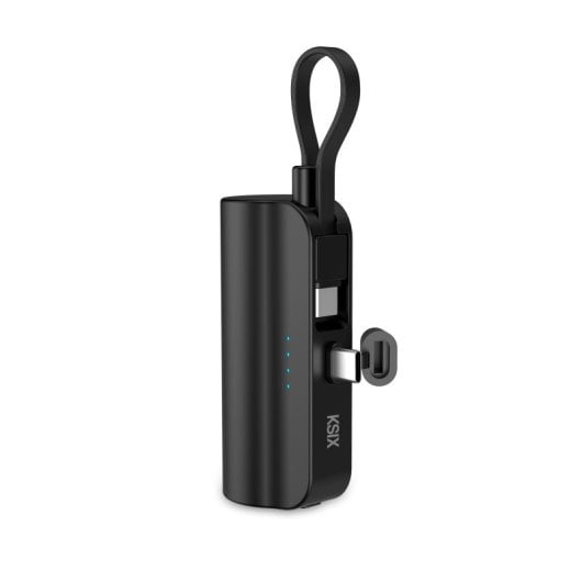 Ksix 5.000 Mah Power Bank De Bolsillo, Cable Y Soporte Integrado, Cable Usb-c A Usb-c, Indicadores Led, Negro