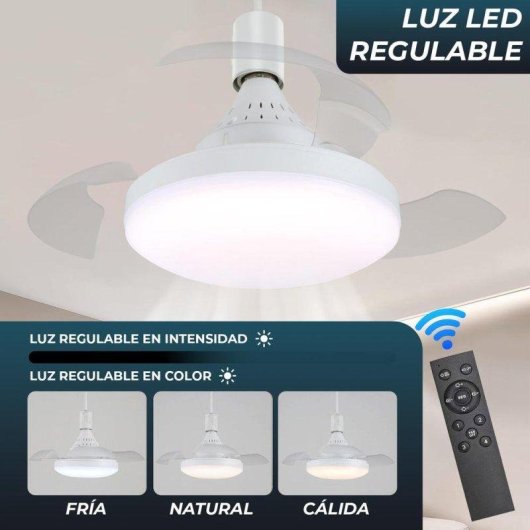 Ventilador de techo YOEVU Compact Mini aspas retráctiles luz LED E27 mando