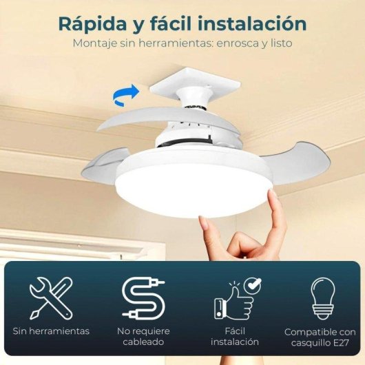 Ventilador de techo YOEVU Compact Mini aspas retráctiles luz LED E27 mando