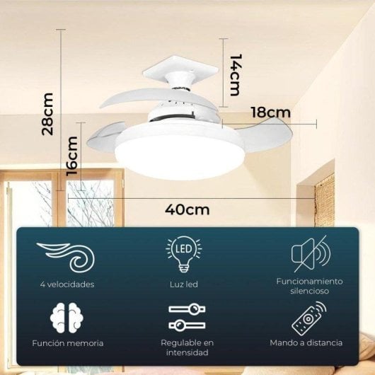 Ventilador de techo YOEVU Compact Mini aspas retráctiles luz LED E27 mando