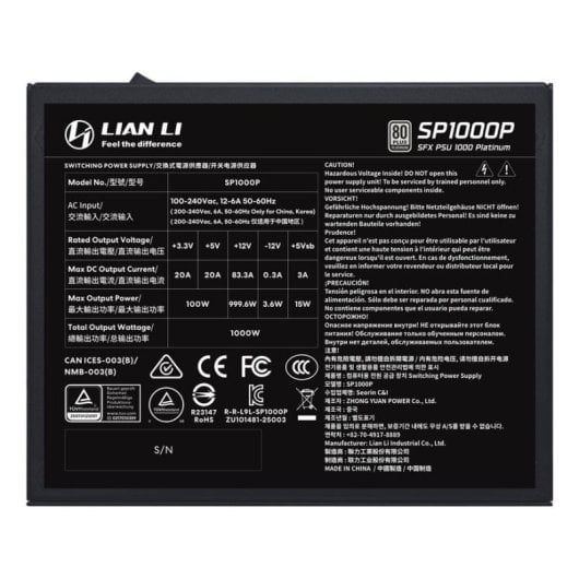Fuente de Alimentación Lian Li SP1000P 1000W Certificación 80 PLUS Platinum modular