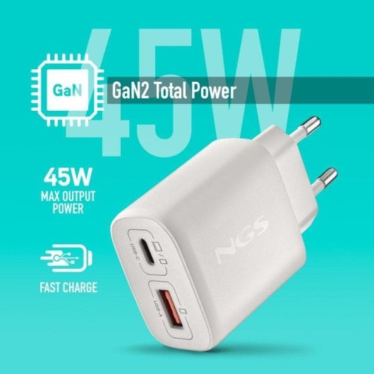 Cargador NGS EON 45W Blanco GaN USB-C PD PPS y USB-A QC3.0 Compacto