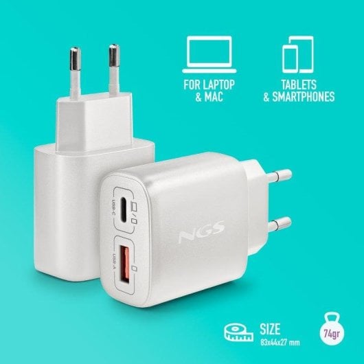 Cargador NGS EON 45W Blanco GaN USB-C PD PPS y USB-A QC3.0 Compacto