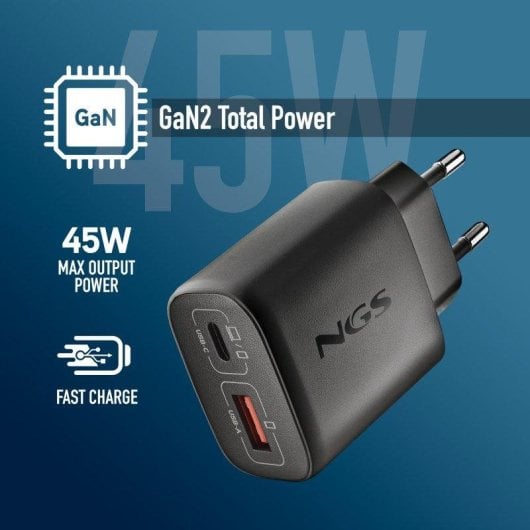 Cargador NGS EON 45W GaN USB-C PD PPS y USB-A Quick Charge 3.0 compacto