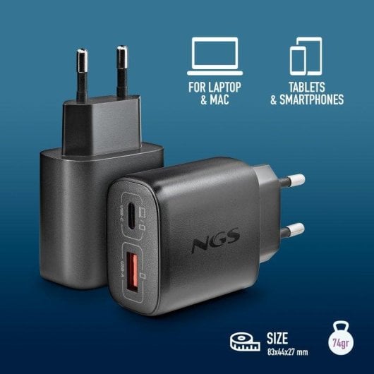 Cargador NGS EON 45W GaN USB-C PD PPS y USB-A Quick Charge 3.0 compacto