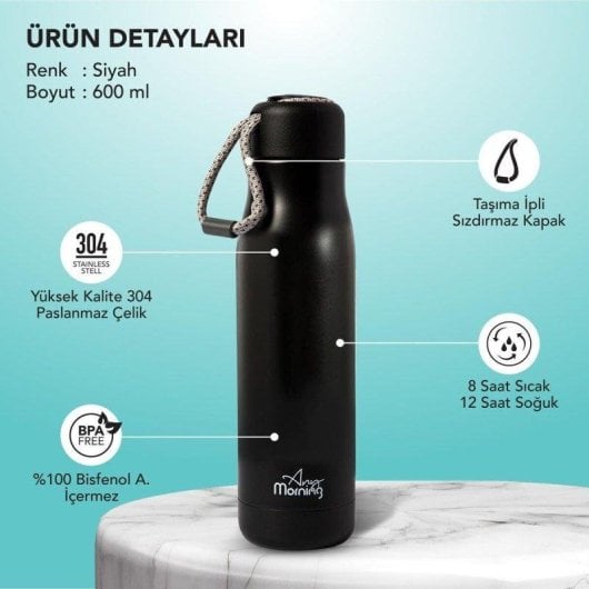 Bouteille thermique Any Morning 600 ml acier inoxydable noir antifuite 8h chaud