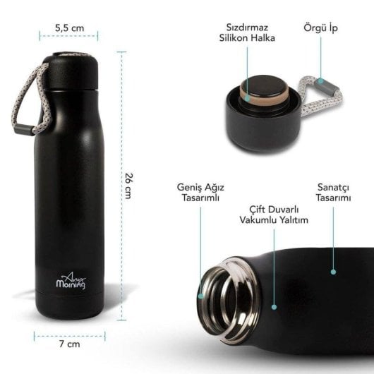 Bouteille thermique Any Morning 600 ml acier inoxydable noir antifuite 8h chaud
