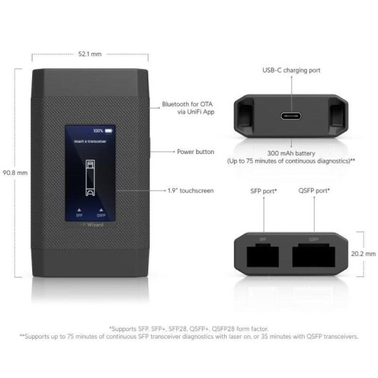 Reprogramador Ubiquiti UACC-SFP-WIZARD portátil pantalla táctil compatibilidad SFP QSFP