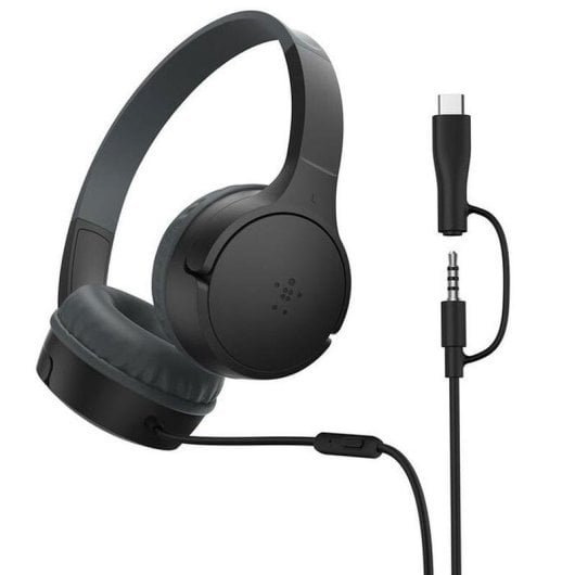 Auriculares Belkin SoundForm Mini com fio USB-C e jack 3,5 mm para chamadas e música, pretos
