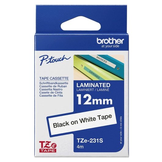 Cinta Brother TZE231S2 Etiqueta 12 mm Preto sobre Branco Laminada Resistente