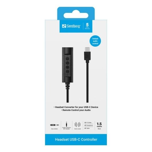 Adaptador Sandberg 136-73 con cable USB-C a Jack 3,5 mm, control de volumen y micrófono, negro