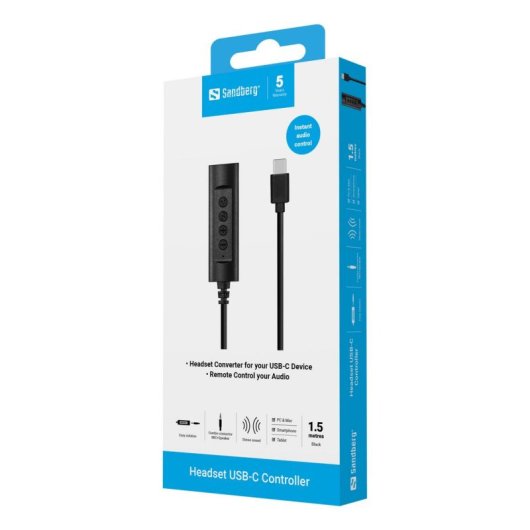 Adaptador Sandberg 136-73 con cable USB-C a Jack 3,5 mm, control de volumen y micrófono, negro