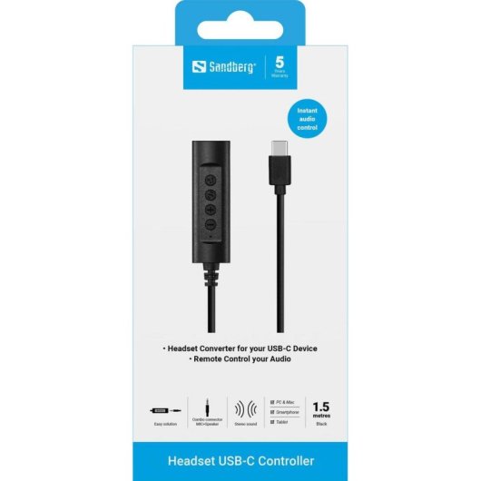 Adaptador Sandberg 136-73 con cable USB-C a Jack 3,5 mm, control de volumen y micrófono, negro