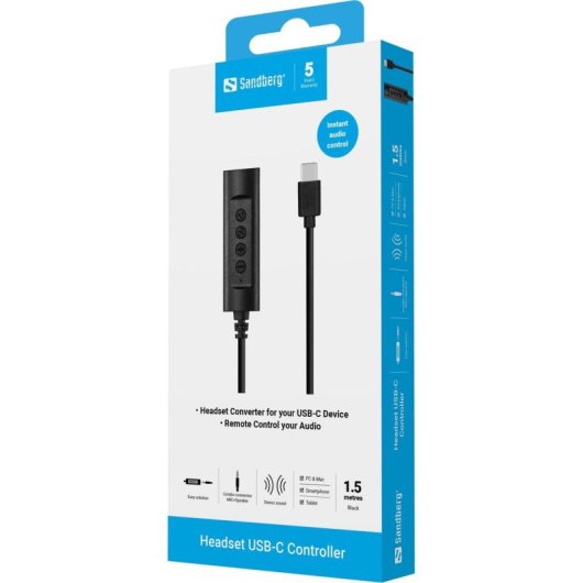 Adaptador Sandberg 136-73 con cable USB-C a Jack 3,5 mm, control de volumen y micrófono, negro