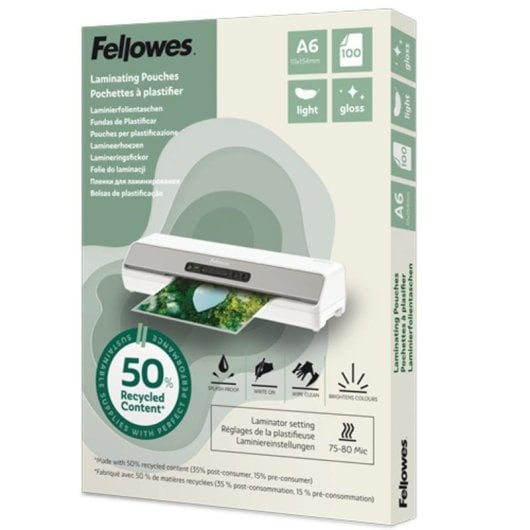 Plastifieuse Fellowes 100143441 A6 80 microns brillant 100 feuilles recyclées