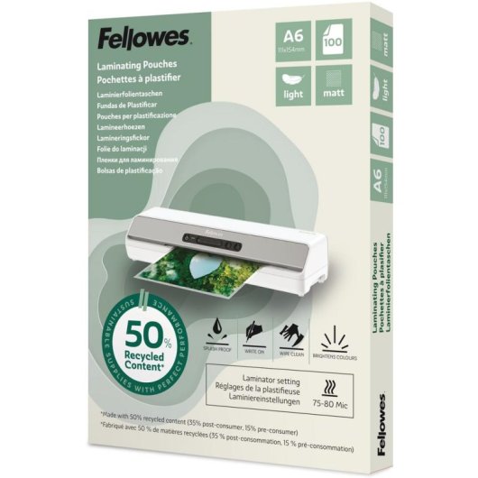 Plastifieuse Fellowes 100143438 A6 finition mate 80 microns 100 feuilles