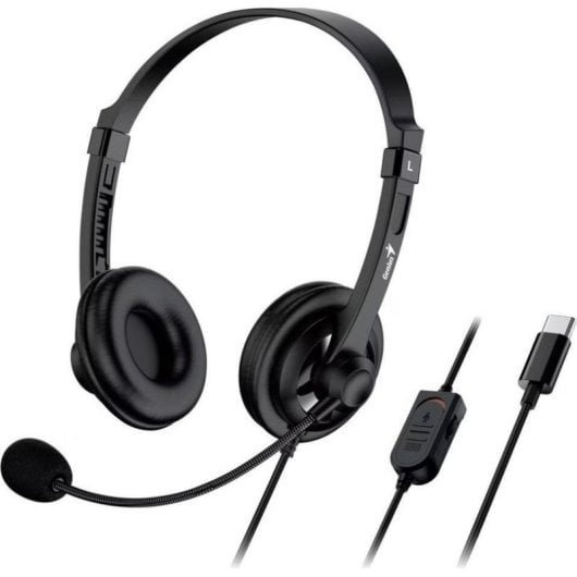 Auriculares Genius HS-230U com fio USB-C para escritório com microfone flexível e controlo de volume pretos