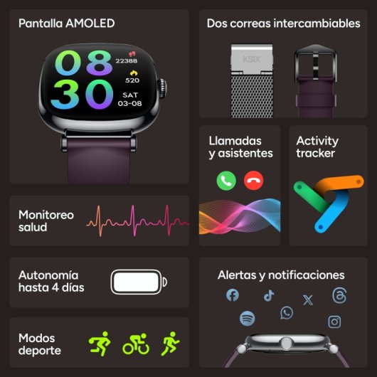 Ksix Iria Go Bluetooth 1.7'' AMOLED Preto Caixa Metal, Correia Silicone Roxa Autonomia 4 Dias SpO2