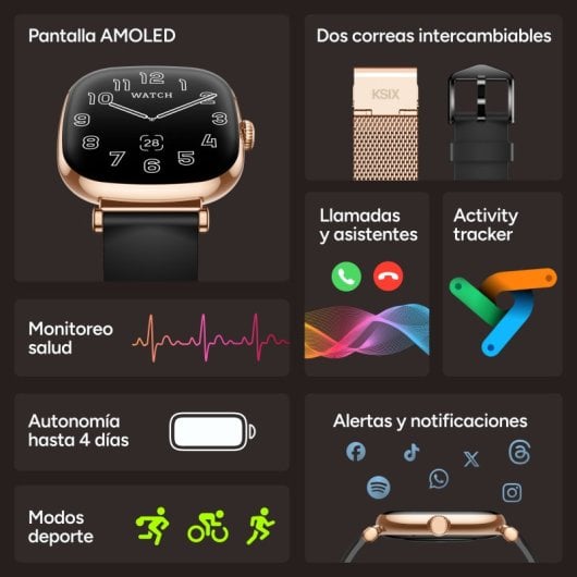 Ksix Iria Go Bluetooth 43mm AMOLED Caixa Dourada Correa Metálica e Silicone Preta SpO2