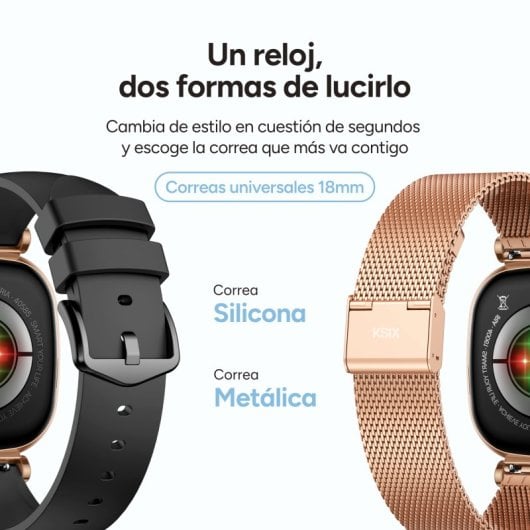 Ksix Iria Go Bluetooth 43mm AMOLED Caixa Dourada Correa Metálica e Silicone Preta SpO2