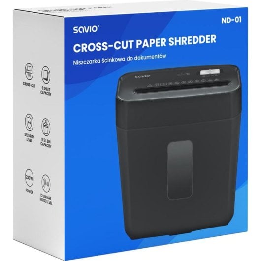 Destructeur de documents Savio ND-01 coupe croisée P-4 6 feuilles 11,5 L noir