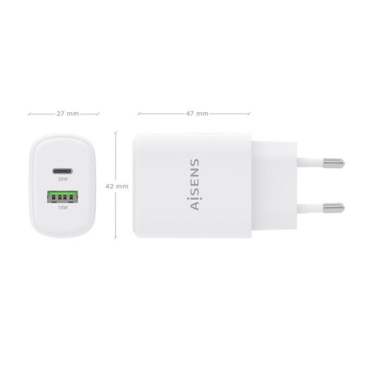 Caricatore Aisens A110-0977 GaN 30W USB-C PD3.0 QC4.0 USB-A QC3.0 Bianco