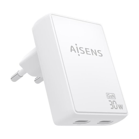 Cargador Aisens ASCH-30W2P075-W GaN Ultra Delgado 30W 2xUSB-C Blanco