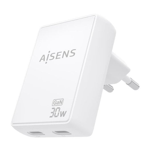 Cargador Aisens ASCH-30W2P075-W GaN Ultra Delgado 30W 2xUSB-C Blanco