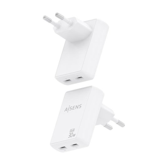Cargador Aisens ASCH-30W2P075-W GaN Ultra Delgado 30W 2xUSB-C Blanco