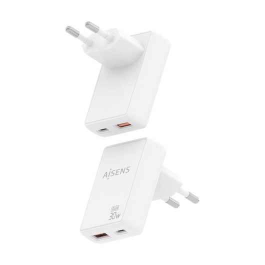 Chargeur mural Aisens ASCH-30W2P074-W GaN 30W USB-C USB-A ultra-fin blanc