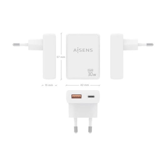 Chargeur mural Aisens ASCH-30W2P074-W GaN 30W USB-C USB-A ultra-fin blanc