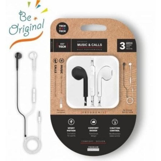 Auriculares Tech One Tech earTECH Be Original con cable Mini Jack 3.5 mm, micrófono y controles, blanco y negro