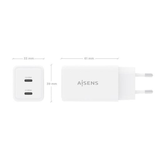 Carregador Aisens ASCH-65W2P078-W GaN 65W 2xUSB-C PD3.0 QC4.0 Branco