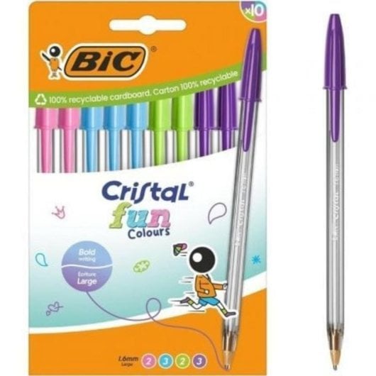 Stylo Bic Cristal Fun Pointe Large 1,6 mm Couleurs Assorties Pack 10