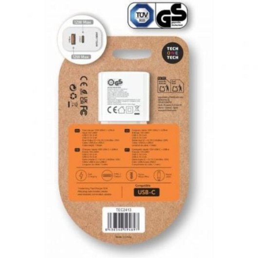 Carregador de parede Tech One Tech TEC2413 12W USB-C USB-A com cabo USB-C