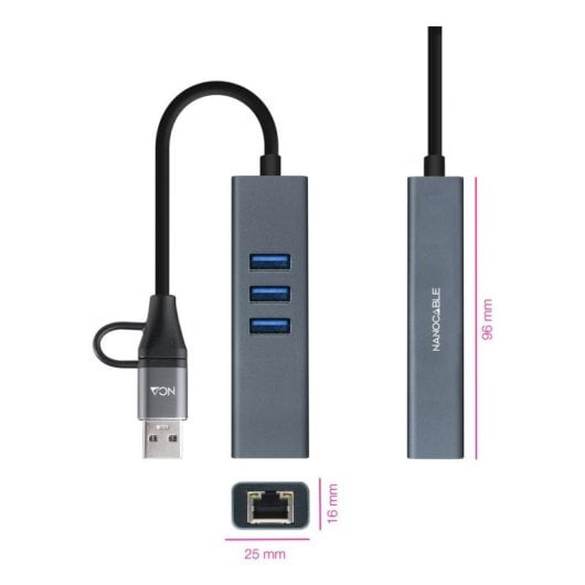 Conversor Nanocable 10.03.0412 USB-C USB-A Ethernet 3xUSB 3.0 Alumínio 15 cm