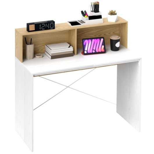 Secretária Homcom com 2 compartimentos abertos, 110 x 50 x 102,6 cm, branca e natural.