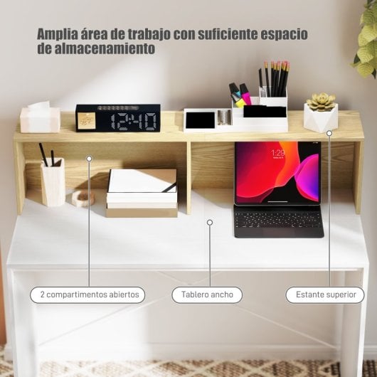 Secretária Homcom com 2 compartimentos abertos, 110 x 50 x 102,6 cm, branca e natural.