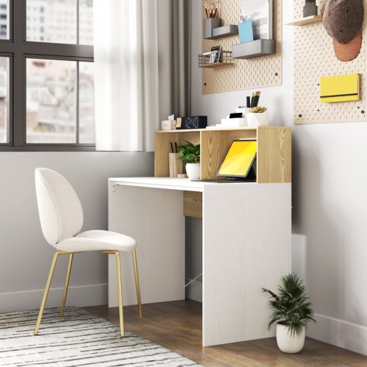 Secretária Homcom com 2 compartimentos abertos, 110 x 50 x 102,6 cm, branca e natural.