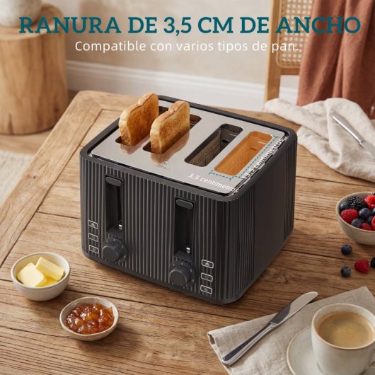 Torradeira Homcom com 4 ranhuras largas e 7 níveis de tostagem, 1710 W, preta.