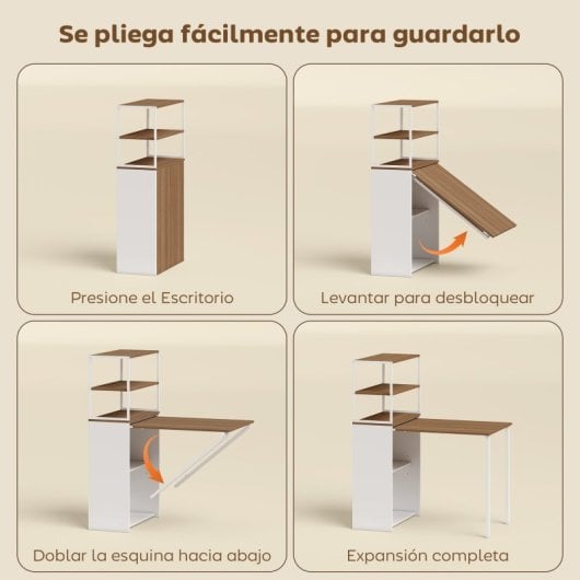 Secretária dobrável Homcom com estante e 4 prateleiras, 105 x 60 x 127 cm, cor natural.