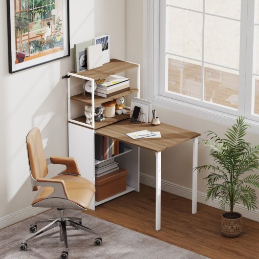 Secretária dobrável Homcom com estante e 4 prateleiras, 105 x 60 x 127 cm, cor natural.